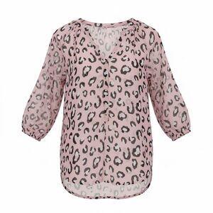 Pink Leopard Print Sheer Quarter Sleeve Button Up Women’s Blouse Size Small